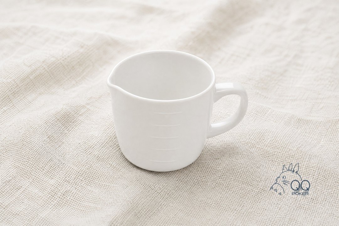 本色亚麻布上一只带刻度的素白瓷量杯,斜四十五度俯视